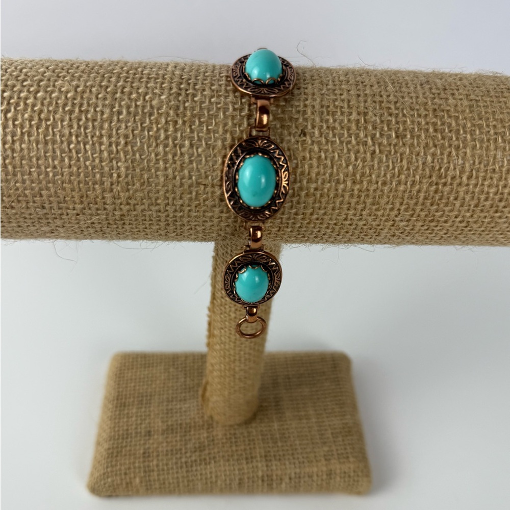 Vintage Solid Copper Turquoise Cabochon Bracelet 7.5”